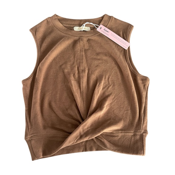 QINSEN Women’s Crewneck Twist Tank Front Crop Brown Sleeveless Sz Sm - Picture 2 of 8